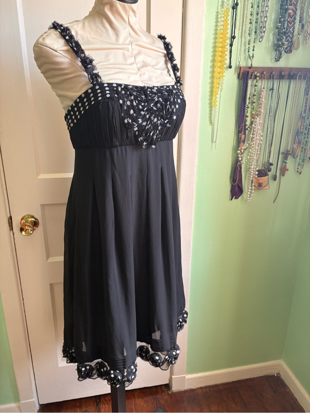 Sue Wong 100% Silk Black Polka Dot Trim Mini Dress